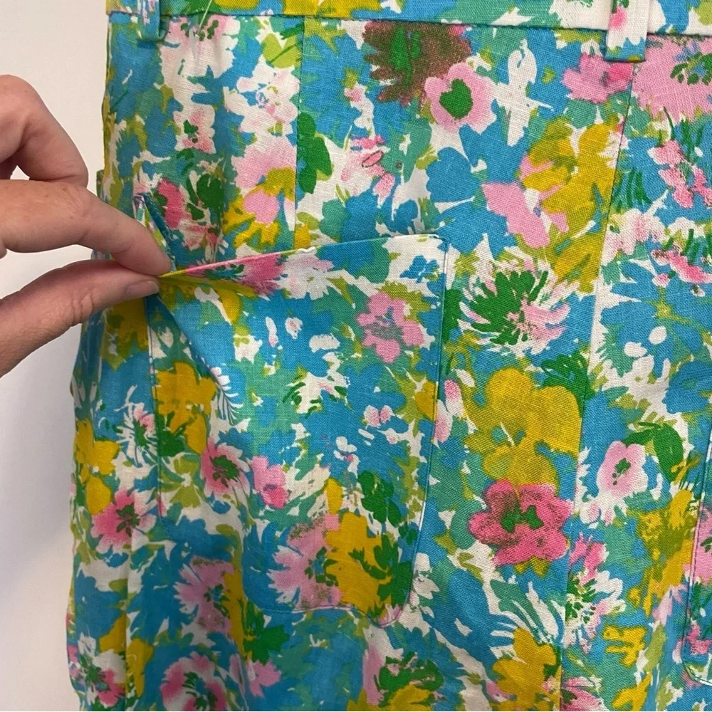 Zara Pants Blue Floral Linen Blend Flare Cropped Boho Festival Hippie